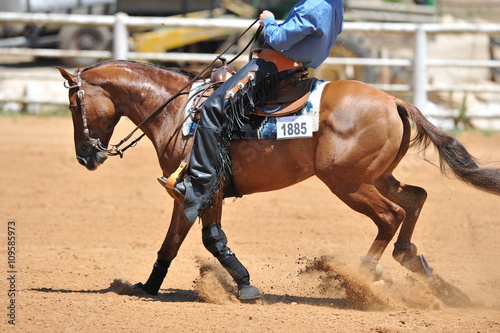 Fragment of the side view of a rider in the chaps on a horseback during the NRHA competition.