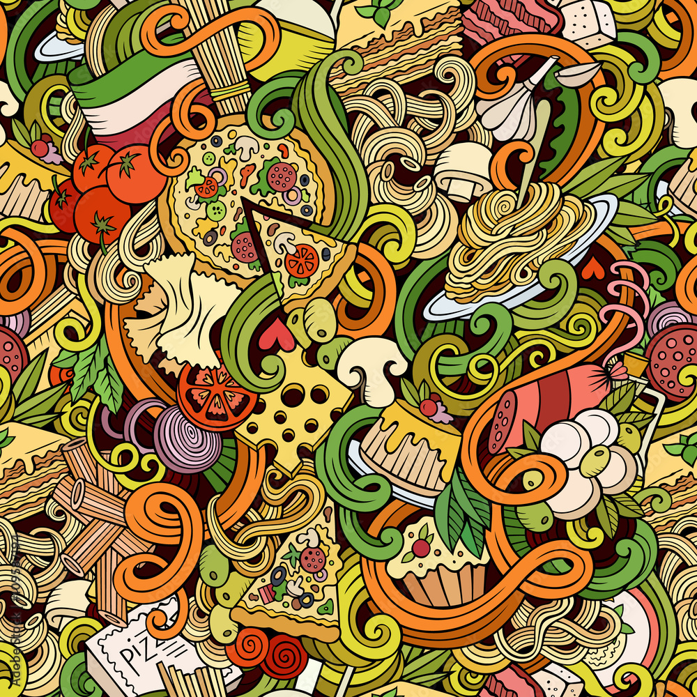Cartoon doodles of italian cuisine seamless pattern