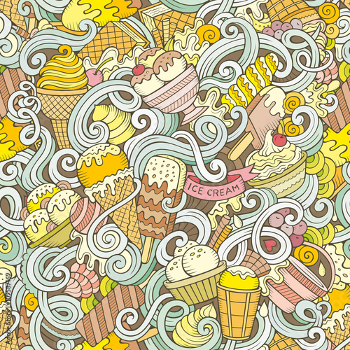 Cartoon hand-drawn ice cream doodles seamless pattern