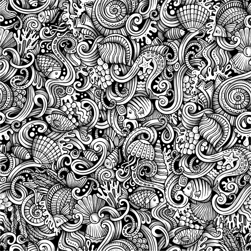 Cartoon doodles under water life seamless pattern Stock Vector | Adobe ...