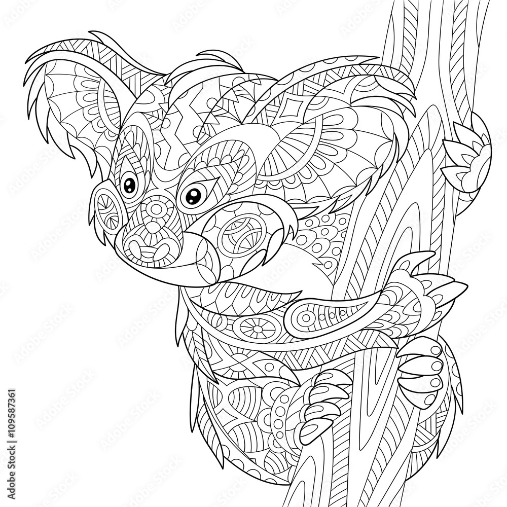 Naklejka premium Zentangle stylized cartoon koala bear, isolated on white background. Hand drawn sketch for adult antistress coloring page, T-shirt emblem, logo or tattoo with doodle, zentangle, floral design elements