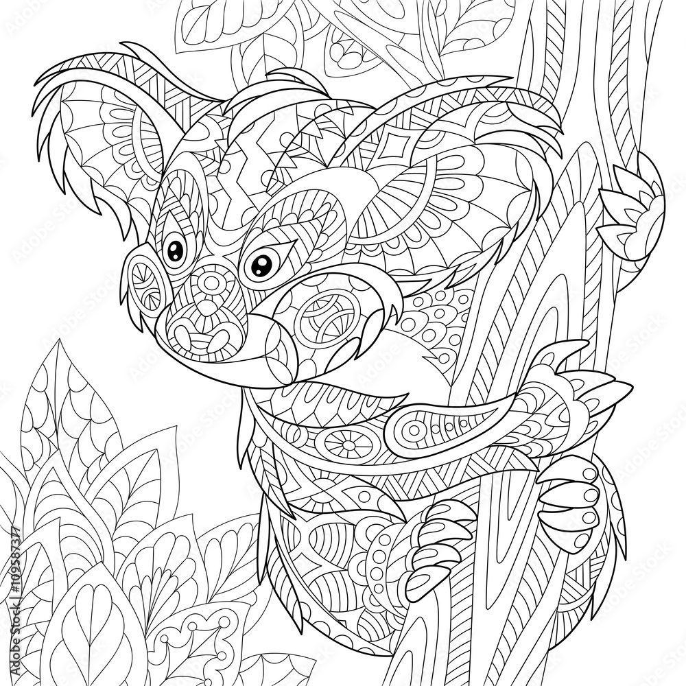 Naklejka premium Zentangle stylized cartoon koala bear sitting among tree leaves. Hand drawn sketch for adult antistress coloring page, T-shirt emblem, logo or tattoo with doodle, zentangle, floral design elements.
