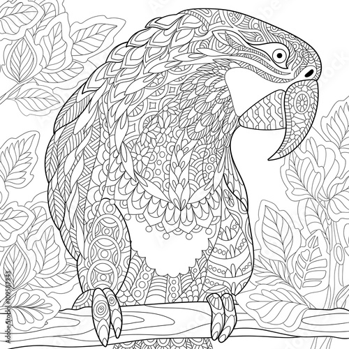 Zentangle stylized cartoon parrot - macaw sitting on a tree branch among leaves. Hand drawn sketch for adult antistress coloring page, T-shirt emblem, logo or tattoo with floral design elements.