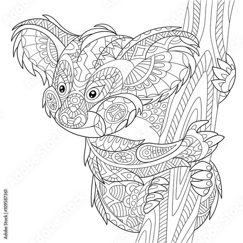 Zentangle stylized cartoon koala bear, isolated on white background. Hand drawn sketch for adult antistress coloring page, T-shirt emblem, logo or tattoo with doodle, zentangle, floral design elements