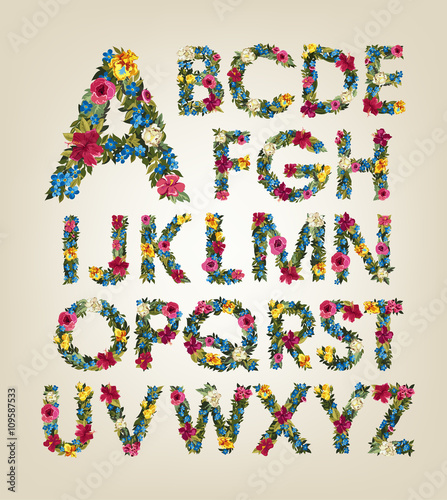 Fototapeta Naklejka Na Ścianę i Meble -  Flower alphabet. Colorful font. Uppercase.