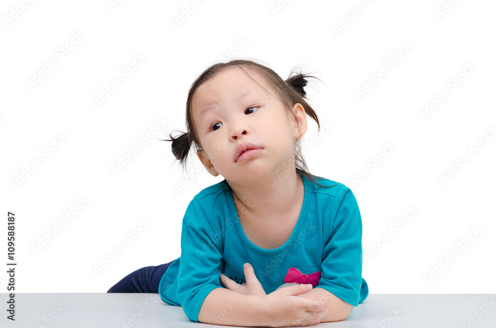 Little asian girl looking at something over white Little asian girl looking at something over white