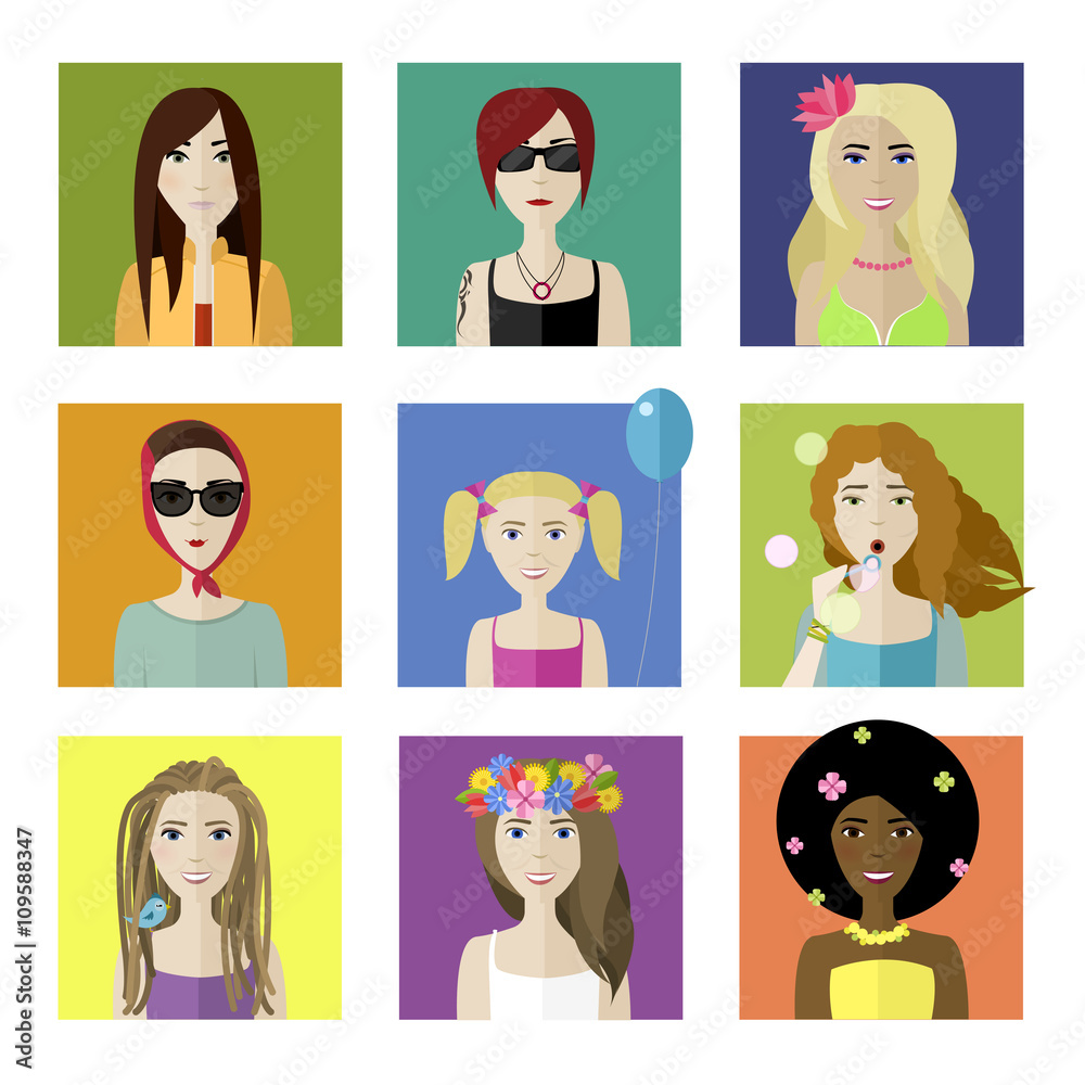 flat female faces set flat female faces set