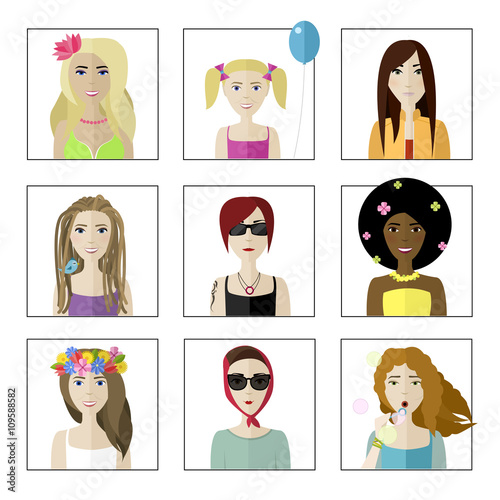 flat female faces set