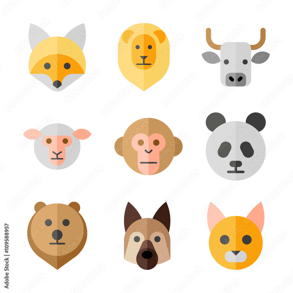 Animals heads vector flat icons set 