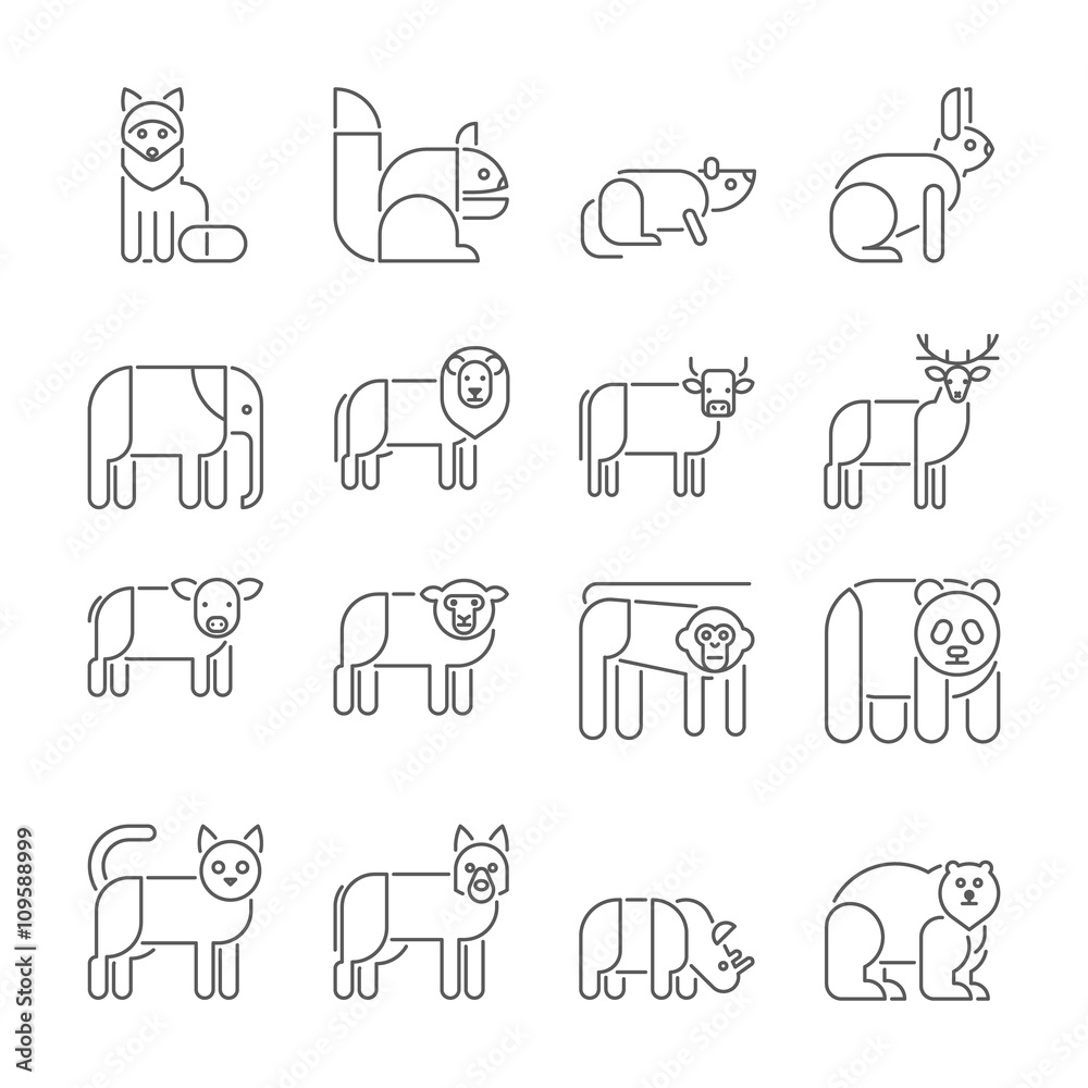 Animal icons, thin line style, flat design