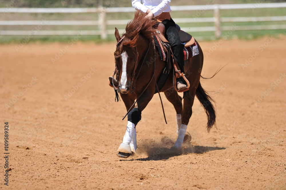 A front view of a rider and horse sliding in the dust.