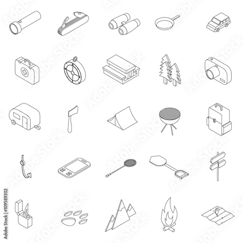 Camping icons set, isometric 3d style