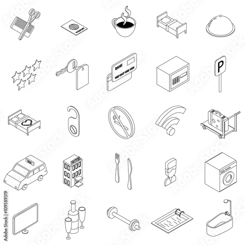 Hotel icons set, isometric 3d style