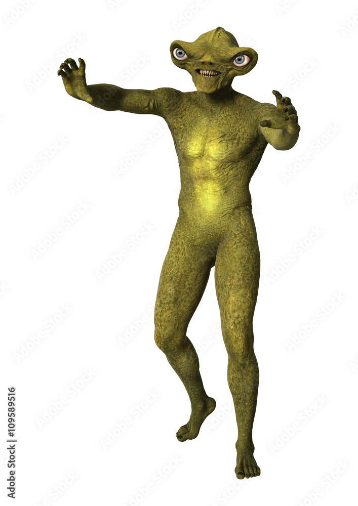 3D Rendering Green Alien on White 3D Rendering Green Alien on White