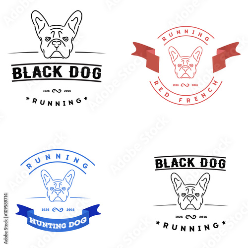 Set of logos with french bulldog and tape. Nanoline style.