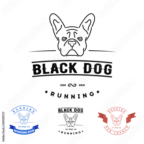 Set of logos with french bulldog and tape. Nanoline style.