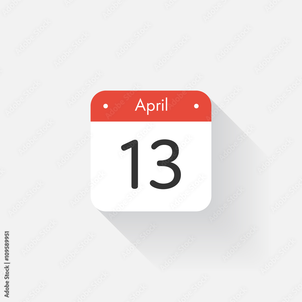 Calendar Icon with long shadow. Flat style. Date,day and month. Reminder. Vector illustration. Organizer application, app symbol. Ui. User interface sign. April. 13 Calendar Icon with long shadow. Flat style. Date,day and month. Reminder. Vector illustration. Organizer application, app symbol. Ui. User interface sign. April. 13