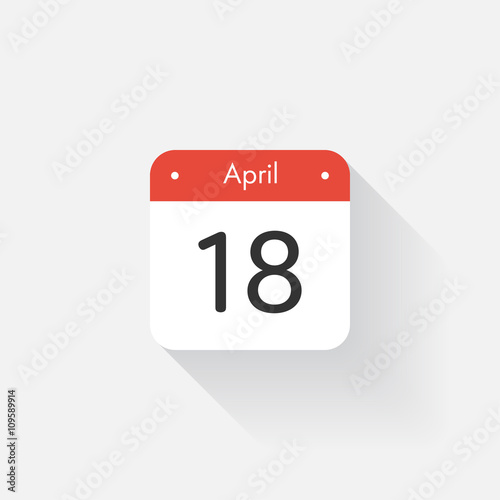 Calendar Icon with long shadow. Flat style. Date,day and month. Reminder. Vector illustration. Organizer application, app symbol. Ui. User interface sign. April. 18