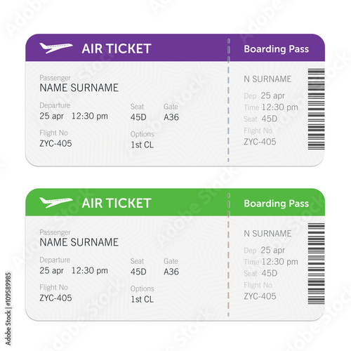 Set of the airline boarding pass tickets. Isolated on white background. Vector flat design.