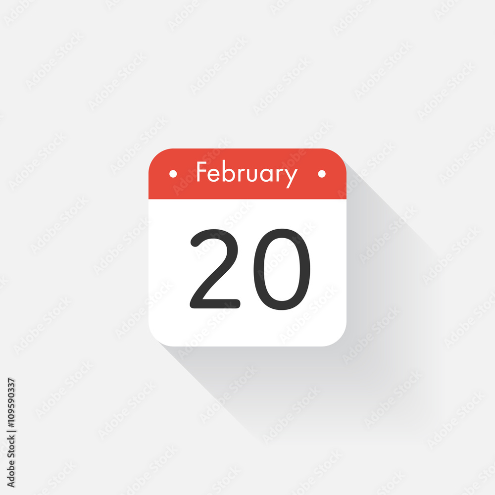 Calendar Icon with long shadow. Flat style. Date,day and month. Reminder. Vector illustration. Organizer application, app symbol. Ui. User interface sign. February.20 Calendar Icon with long shadow. Flat style. Date,day and month. Reminder. Vector illustration. Organizer application, app symbol. Ui. User interface sign. February.20