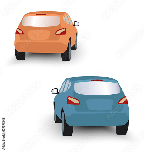 Back of hatchback cars orange and blue in vector on white background