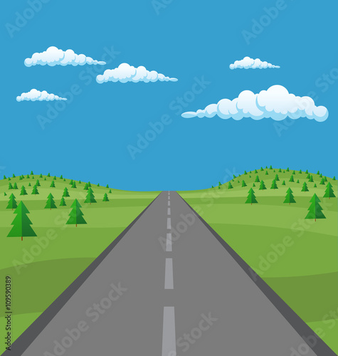 Vector landscape background: road in green fir tree valley
