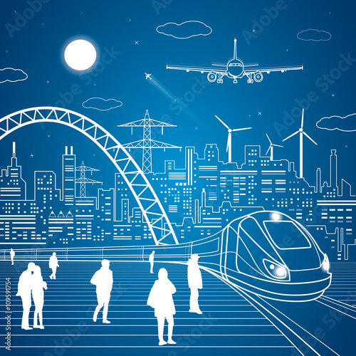 Trains moves, railway station, people waiting for the train, industrial and transport panoramic, city infrastructure on background, vector design art