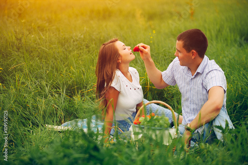 Man feeding woman with strawberry on picnic photo