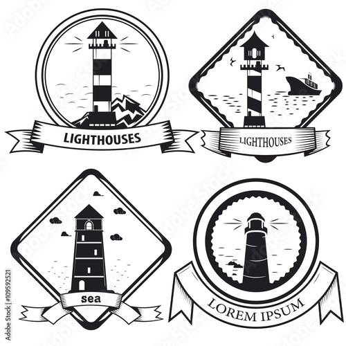 lighthouse, set of vintage emblems with beacons. vector