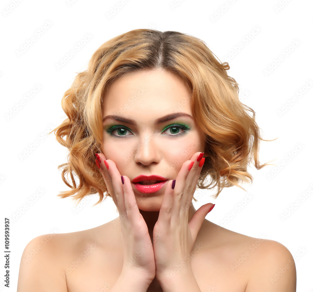 Beautiful girl with colorful makeup, manicure, isolated on white Beautiful girl with colorful makeup, manicure, isolated on white