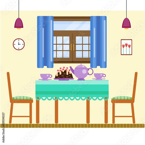 Dining room interior with utensils and furniture. Dining table and two chairs, sweets and tea. Tea ceremony. Celebration date table. Flat home interior. Vector illustration 