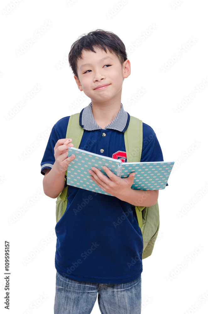 Young Asian schoolboy with backpack over white Young Asian schoolboy with backpack over white