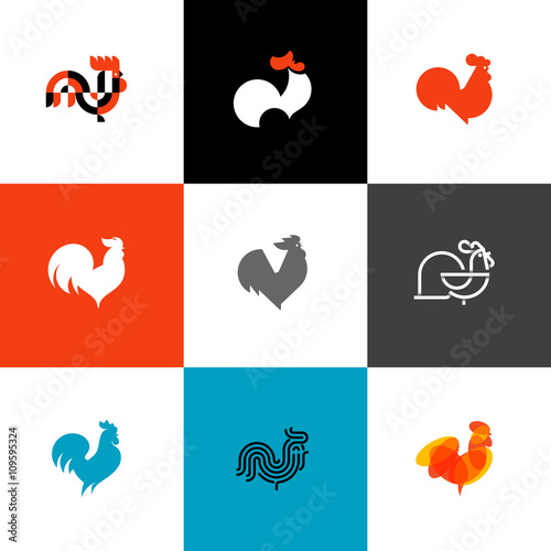 Rooster and cock. Flat design style vector illustrations set of icons and logos