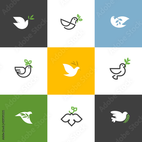 Peace dove with green branch. Flat line design style vector illustrations set of icons and logos