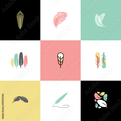 Feather. Set of modern logo design vector templates and icons