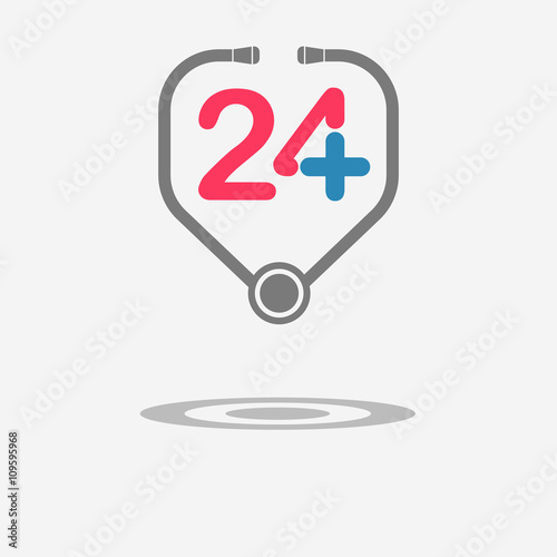 Twenty four available medical help icon. Stethoscope.