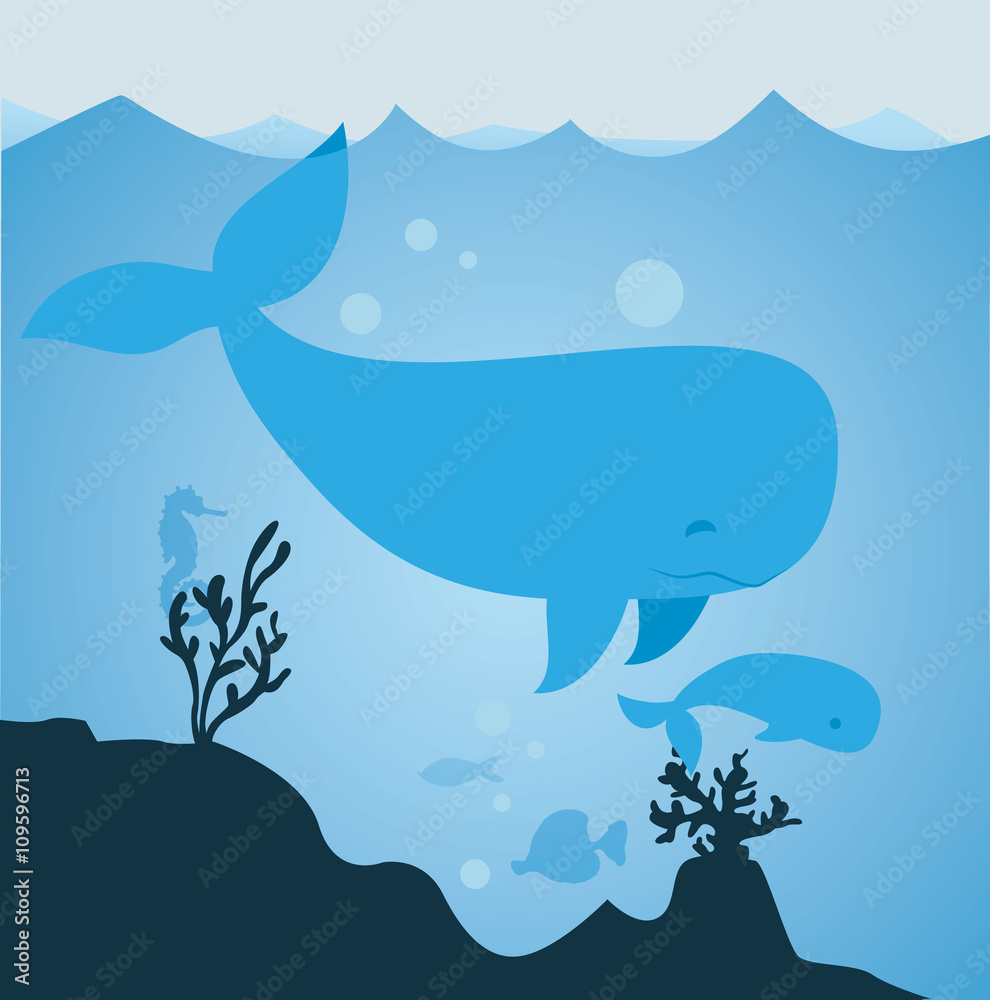 Naklejka premium Unterwasserwelt Wale, Seepferdchen, Fische Vektor