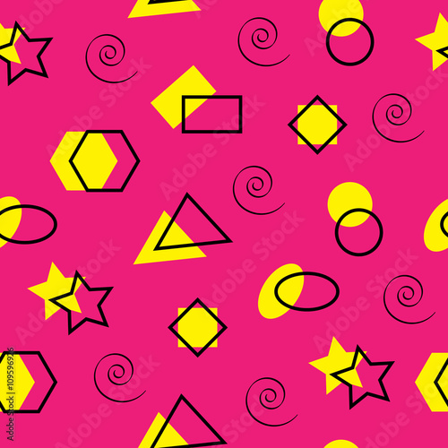 Memphis pattern of geometric shapes. Pink and yellow background