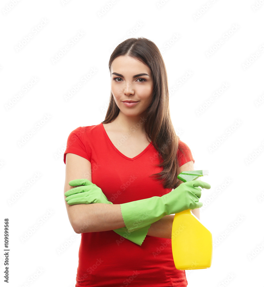 Young woman holding detergent spray, isolated on white Young woman holding detergent spray, isolated on white