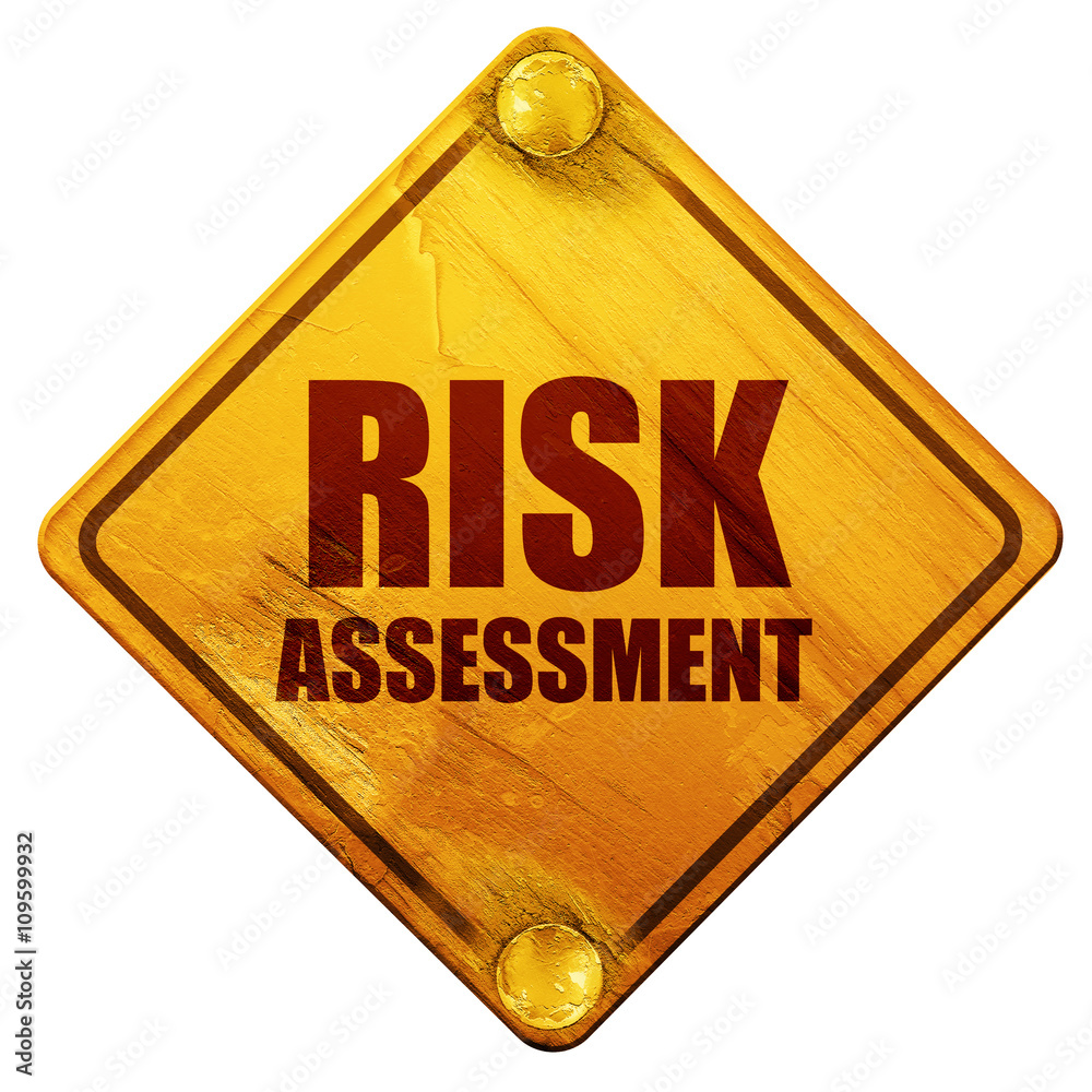 risk assessment, 3D rendering, isolated grunge yellow road sign Stock