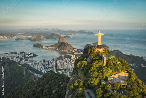 Canvas Print Aerial view of Christ and Botafogo Bay from high angle.