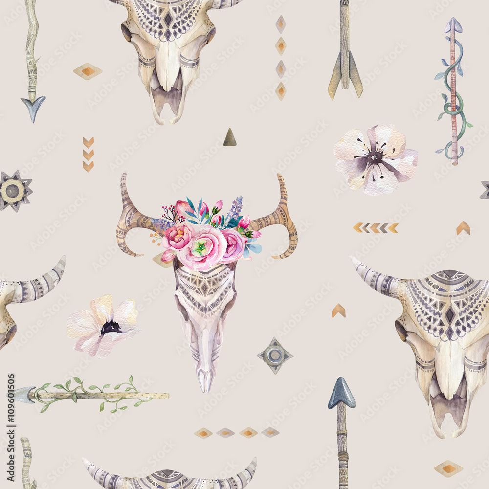 Watercolor boho seamless pattern with teepee, arrows, feathers ...