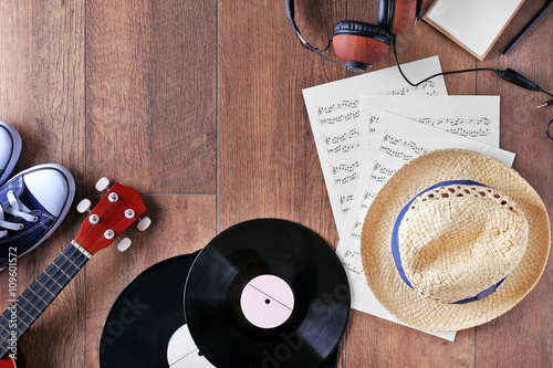 Small guitar, headphones, v...