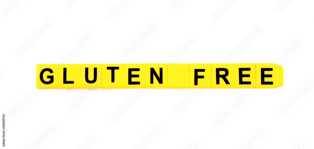 Phrase GLUTEN FREE made of yellow cubes isolated on white Phrase GLUTEN FREE made of yellow cubes isolated on white