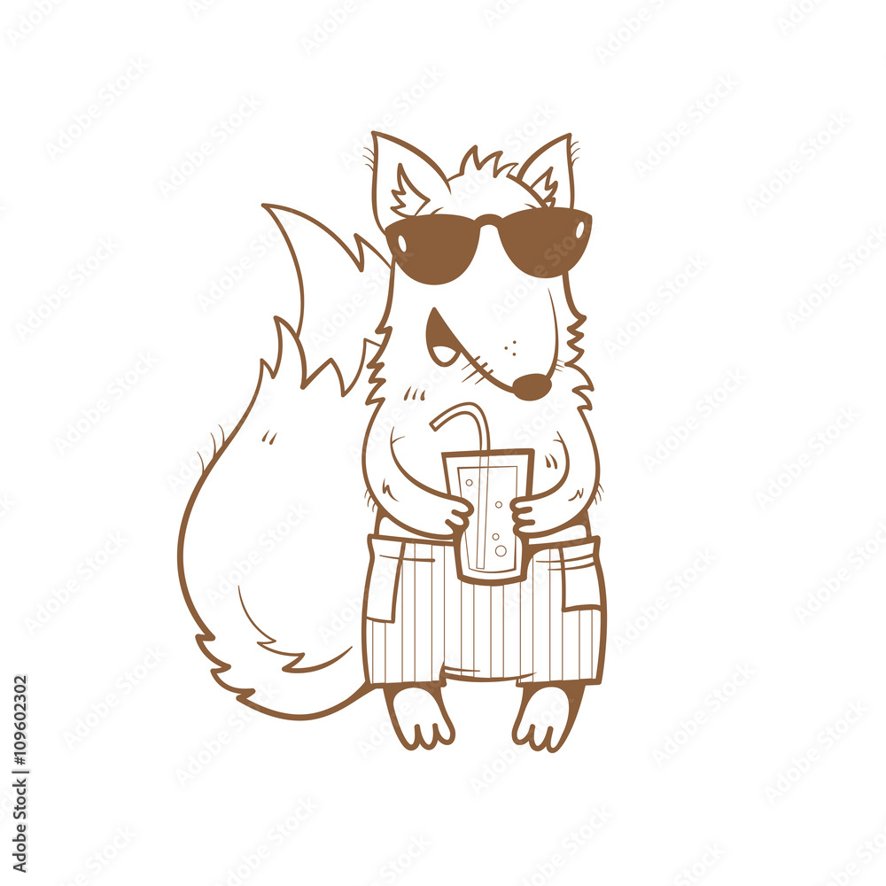 Card with cute cartoon fox  in sunglasses and shorts. Fox drinking soda from a glass. Children's illustration. Vector image. Transparent background. Contour image.