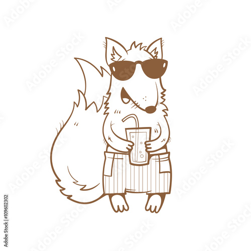 Card with cute cartoon fox  in sunglasses and shorts. Fox drinking soda from a glass. Children's illustration. Vector image. Transparent background. Contour image.