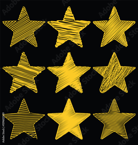 Set Of Hand Drawn Scribble Gold Stars, Icon Vector Design Set 1