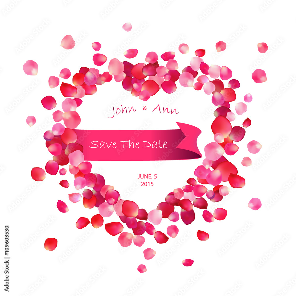 Save the date. Ribbon inside heart of rose petals