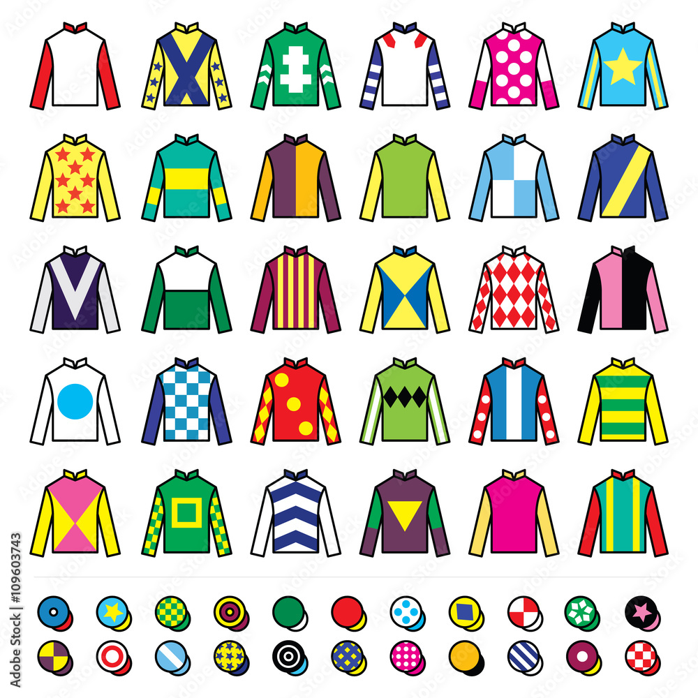 Jockey uniform - jackets, silks and hats, horse riding icons set 
 