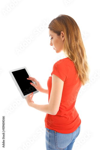 Young woman in red tee-shir...
